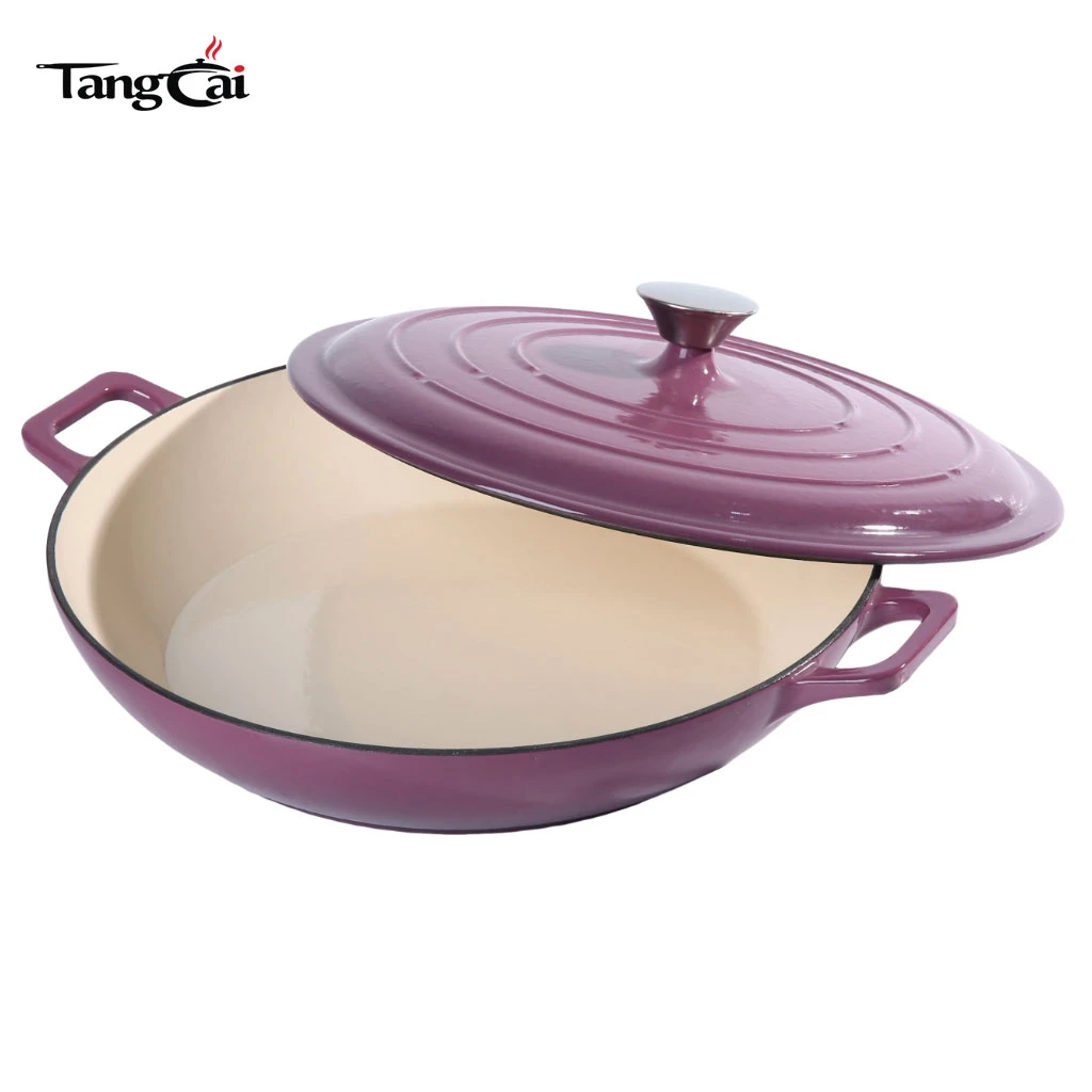 Olla holandesa poco profunda de hierro fundido esmaltado color morado uva, cacerola multiusos para mariscos de 3,8 cuartos de gal&oacute;n