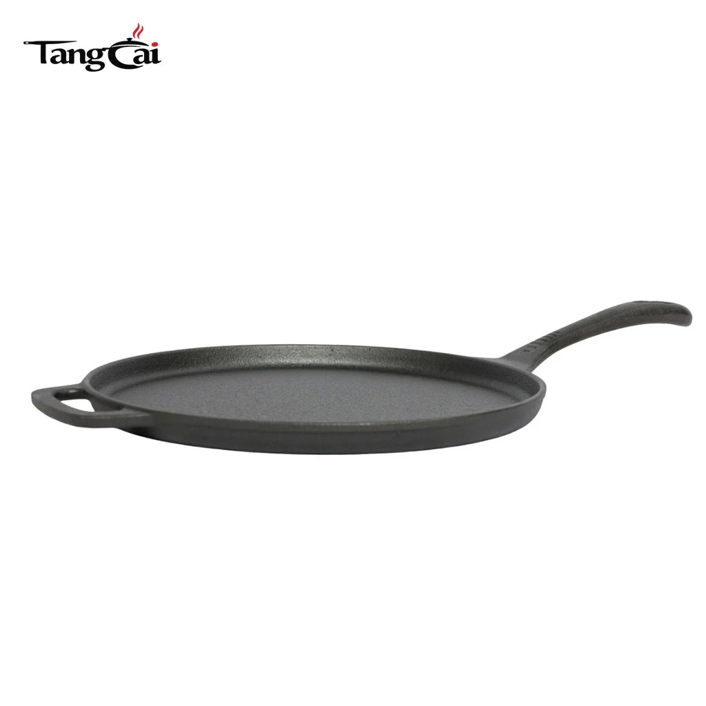 Pre-sazonado de 12 pulgadas Sart&eacute;n plana de hierro fundido, sart&eacute;n redonda para crepes y pizza con asas dobles, Tawa de hierro fundido para roti, tortillas y desayuno