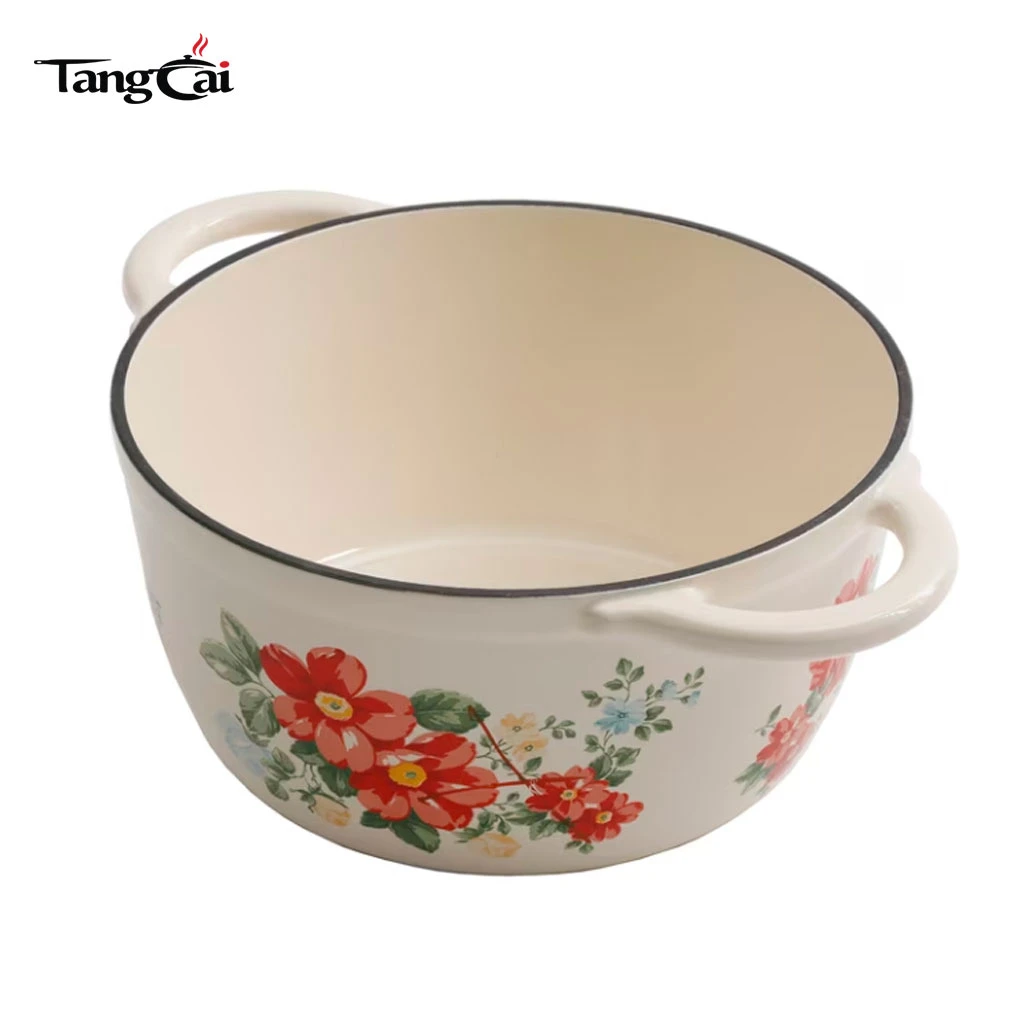 Horno holand&eacute;s vintage de hierro fundido esmaltado con flores rojas con tapa, cazuela apta para inducci&oacute;n para estofar, guisar y hornear masa madre