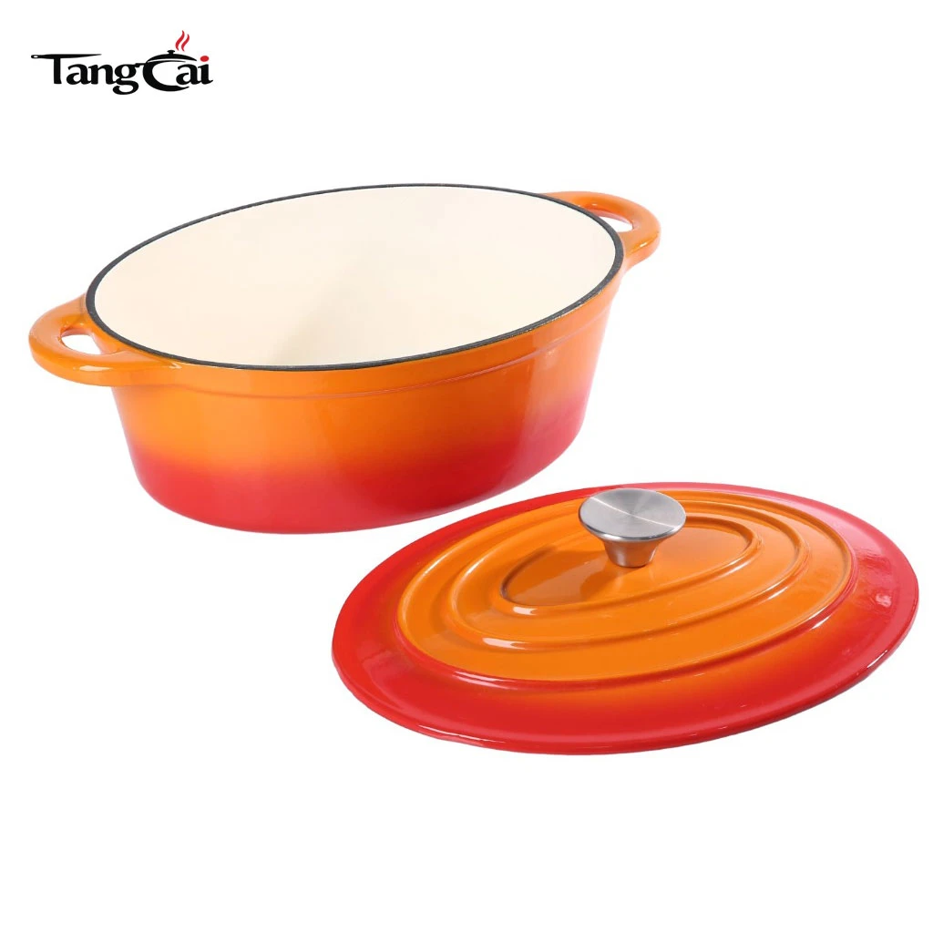 Horno holand&eacute;s grande de hierro fundido esmaltado ovalado naranja de 7 cuartos de estilo cl&aacute;sico, cacerola tama&ntilde;o familiar