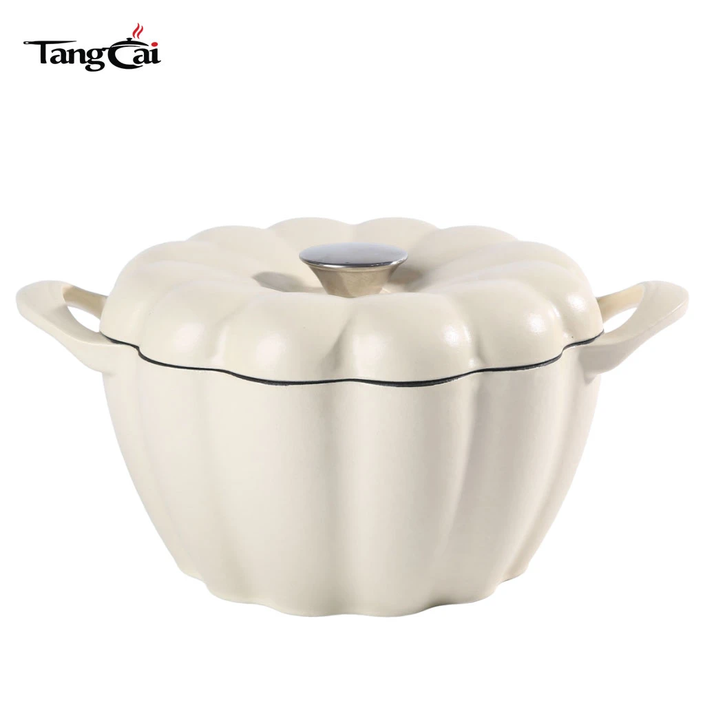 Holand&eacute;s de hierro fundido esmaltado en forma de calabaza de color blanco crema Horno, olla decorativa resistente