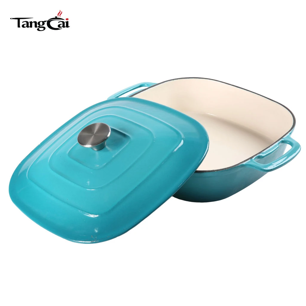 Fabricante de utensilios de cocina OEM, holand&eacute;s de hierro fundido esmaltado de forma cuadrada personalizado Horno con tapa para hornear, estofar, guisar y asar
