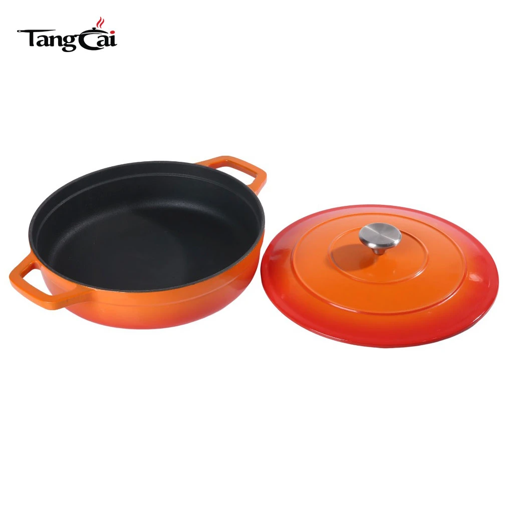 Hierro fundido esmaltado de 5 cuartos moderno Sart&eacute;n para estofado, olla holandesa poco profunda con tapa, cacerola ancha para mariscos