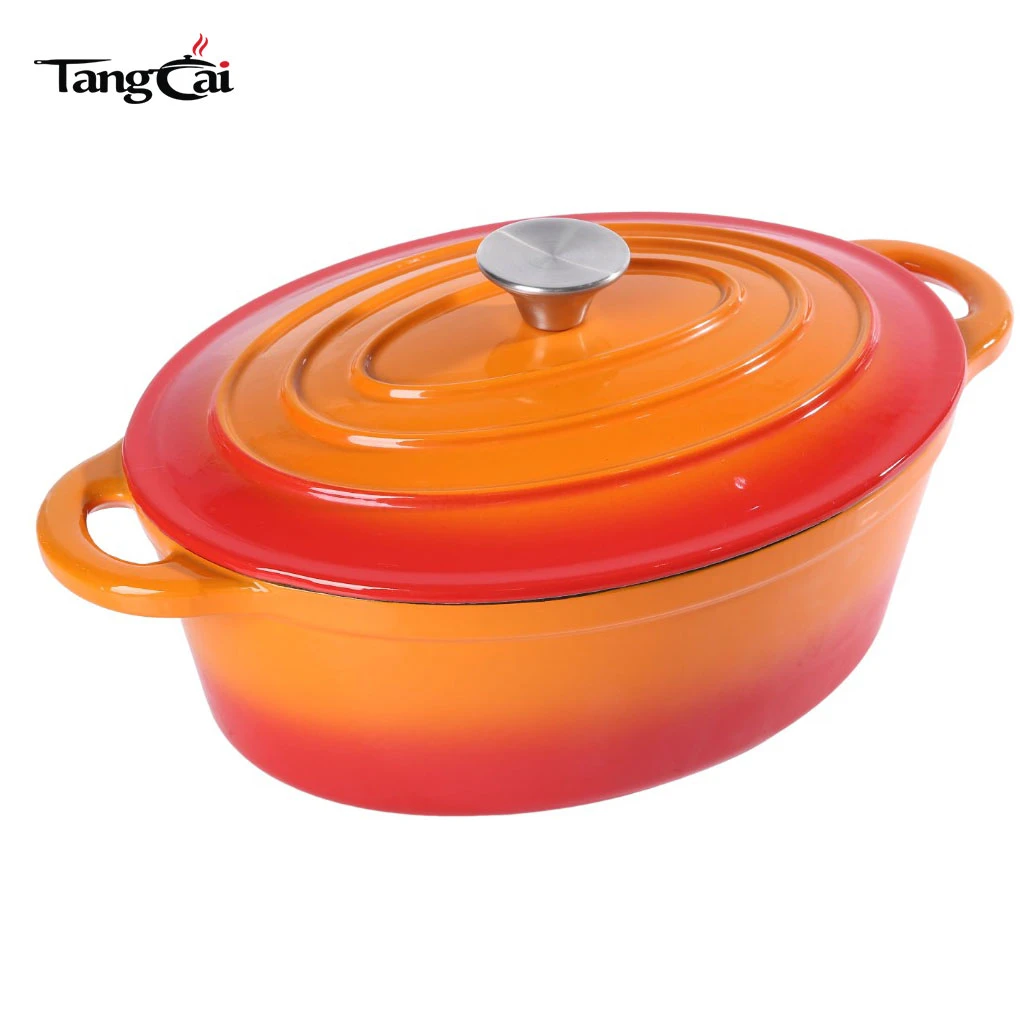 Horno holand&eacute;s grande de hierro fundido esmaltado ovalado naranja de 7 cuartos de estilo cl&aacute;sico, cacerola tama&ntilde;o familiar