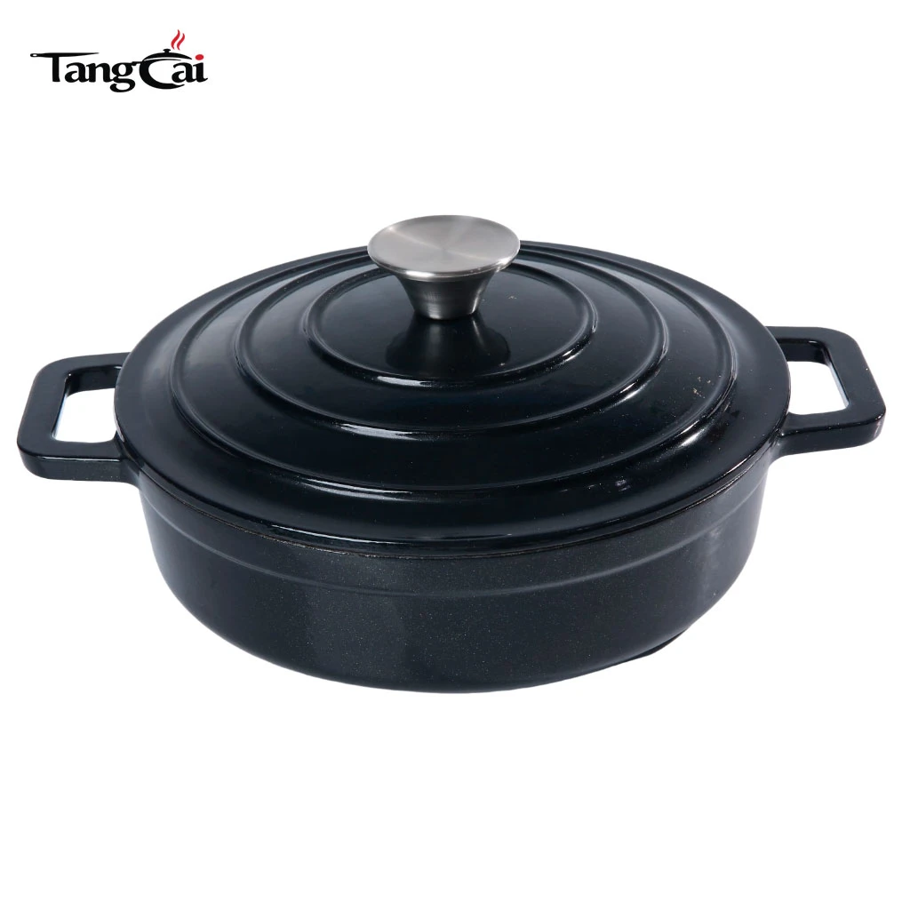 Horno holand&eacute;s peque&ntilde;o de hierro fundido esmaltado poco profundo en negro mate, mini mariscos Cacerola con tapa