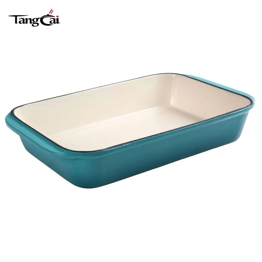 Fundici&oacute;n esmaltada en color verde azulado personalizado Bandeja para asar de hierro: cacerola rectangular para mariscos