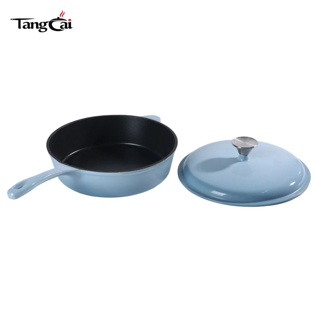 Olla grande personalizada de hierro fundido esmaltado en azul cielo de 5,5 cuartos de gal&oacute;n, cacerola profunda multiuso, sart&eacute;n con mango largo