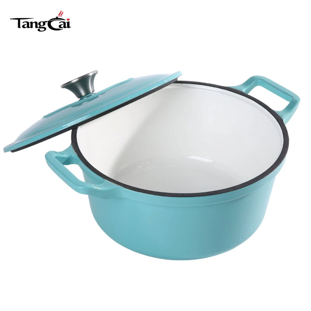 Redonda cl&aacute;sica de 5 cuartos Horno holand&eacute;s de hierro fundido esmaltado: cazuela azul Tiffany para sopa para hornear pan de masa fermentada