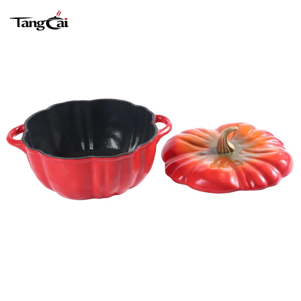 Holand&eacute;s de hierro fundido esmaltado con forma de calabaza roja degradada Horno con revestimiento interior negro mate