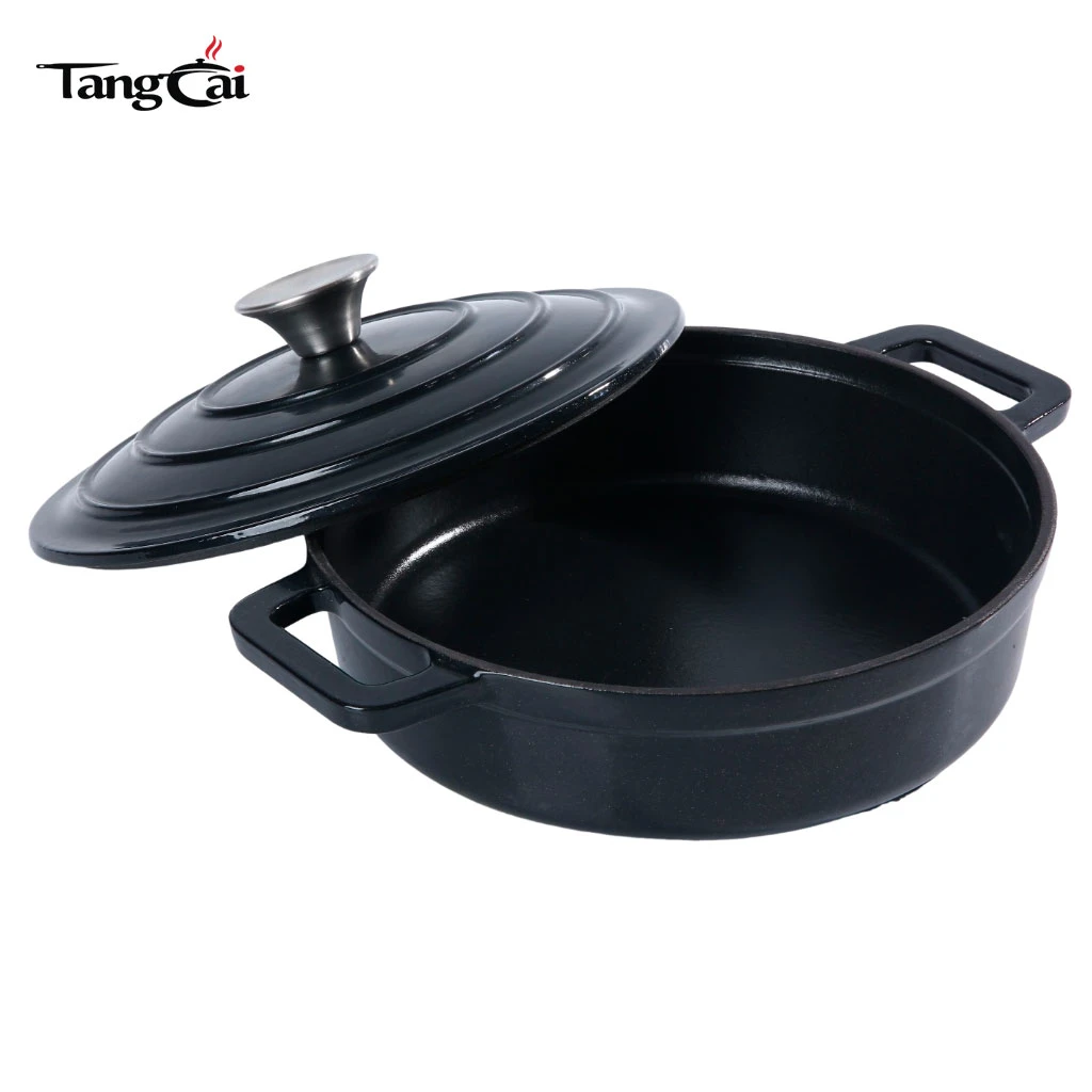 Horno holand&eacute;s peque&ntilde;o de hierro fundido esmaltado poco profundo en negro mate, mini mariscos Cacerola con tapa