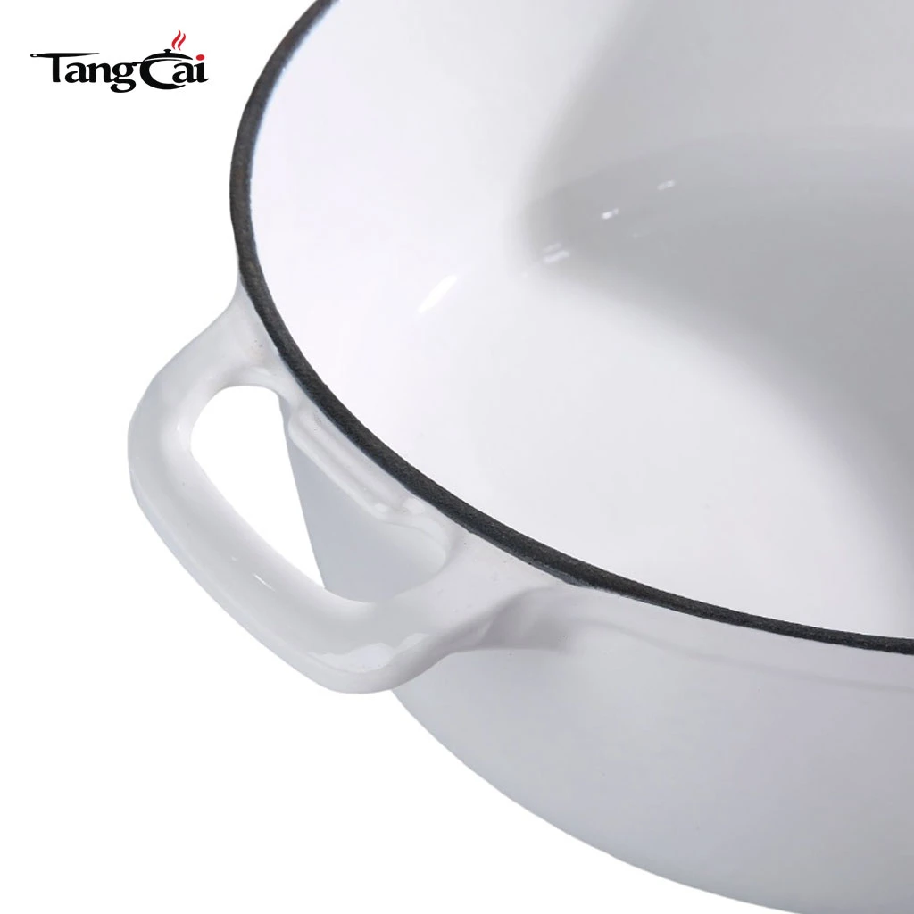 Fundido esmaltado en blanco brillante poco profundo Olla de hierro para cazuela multiusos para mariscos con tapa