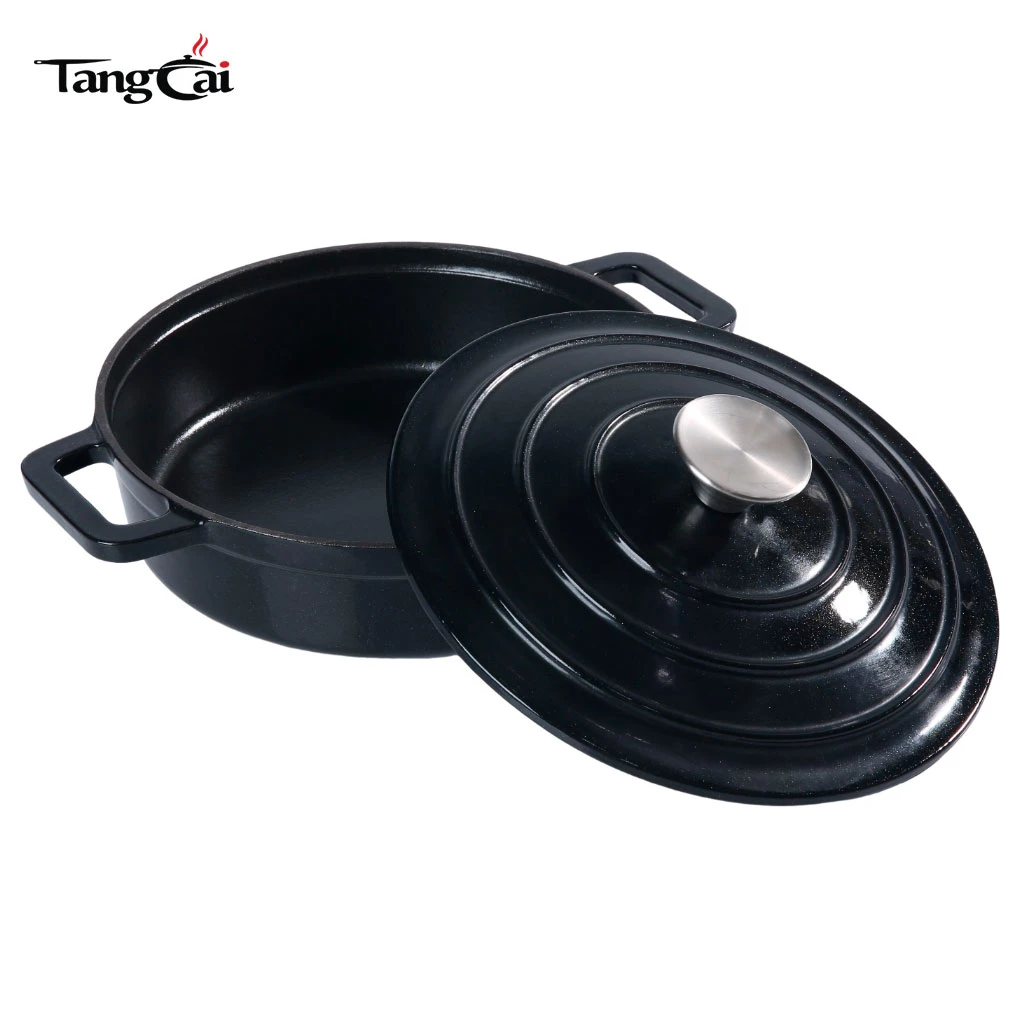 Horno holand&eacute;s peque&ntilde;o de hierro fundido esmaltado poco profundo en negro mate, mini mariscos Cacerola con tapa