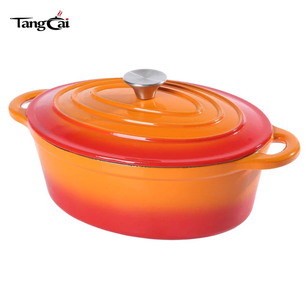 Horno holand&eacute;s grande de hierro fundido esmaltado ovalado naranja de 7 cuartos de estilo cl&aacute;sico, cacerola tama&ntilde;o familiar