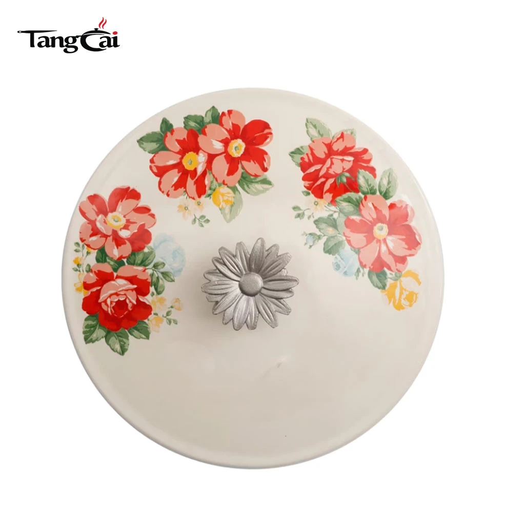 Horno holand&eacute;s vintage de hierro fundido esmaltado con flores rojas con tapa, cazuela apta para inducci&oacute;n para estofar, guisar y hornear masa madre