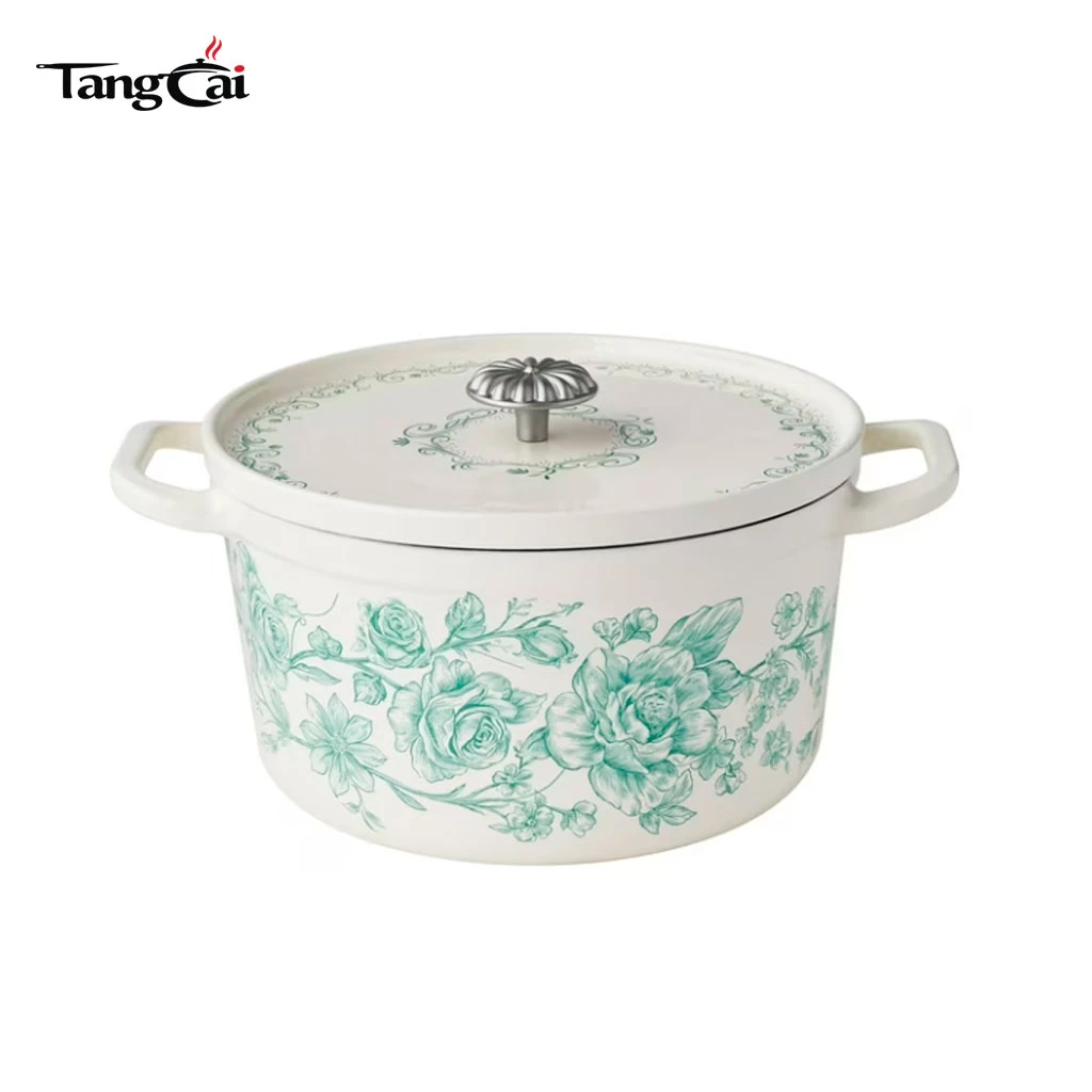 Utensilios de cocina de tendencia 2026 Olla antiadherente de hierro fundido esmaltado floral vintage de 5 cuartos con tapa para marcas y marcas privadas