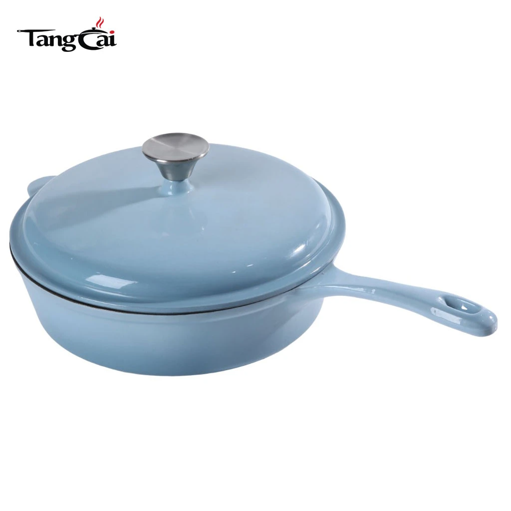 Olla grande personalizada de hierro fundido esmaltado en azul cielo de 5,5 cuartos de gal&oacute;n, cacerola profunda multiuso, sart&eacute;n con mango largo