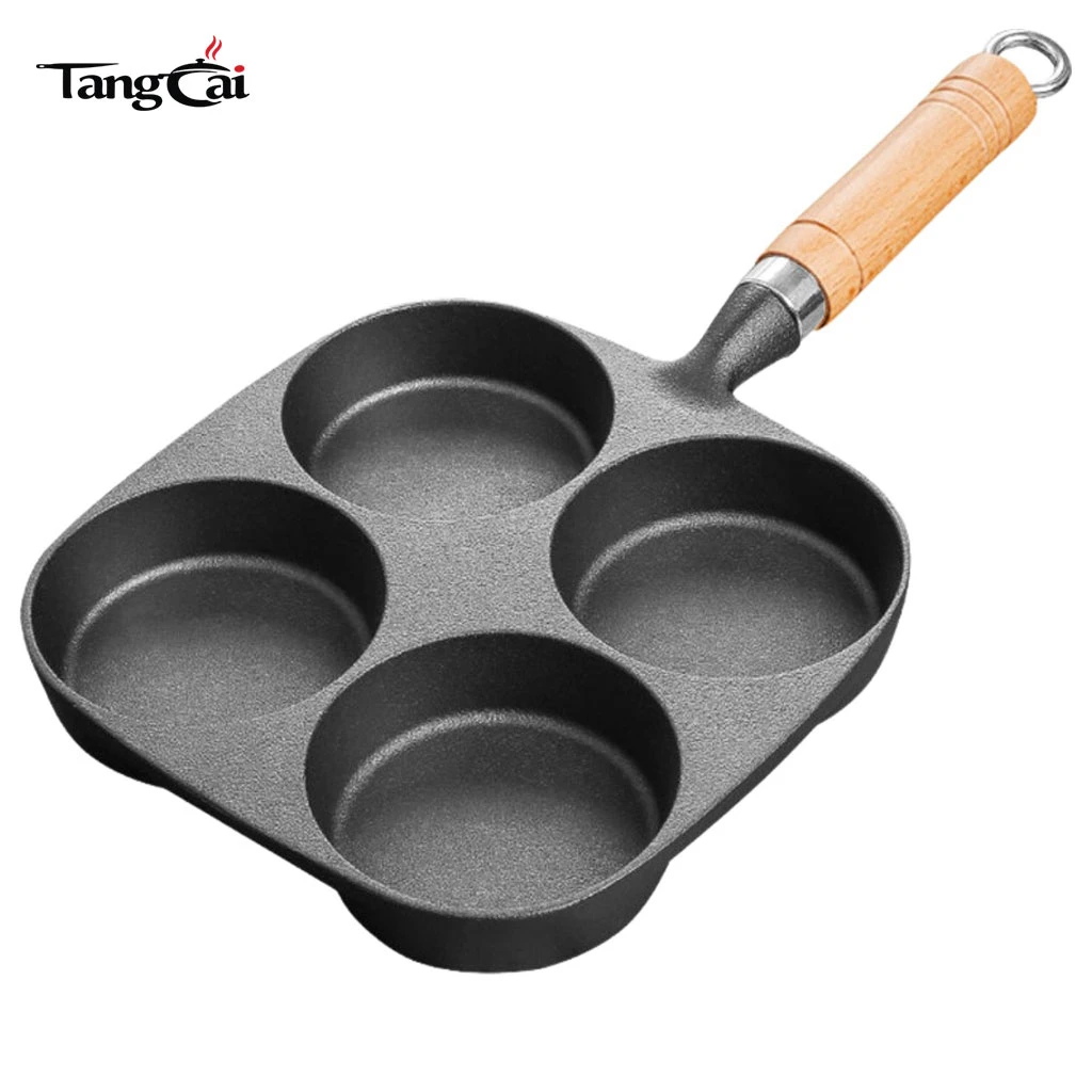 Mart&eacute;n para panqueques de hierro fundido presazonado para 4 tazas con mango de madera, plancha antiadherente con orificios m&uacute;ltiples para mini panqueques, huevos y desayuno