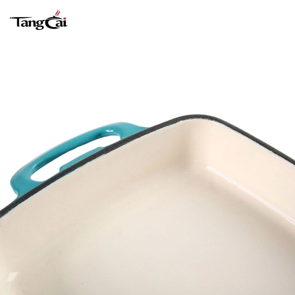 Sart&eacute;n para asar de hierro fundido esmaltado OEM, cacerola rectangular con asa hueca Mangos