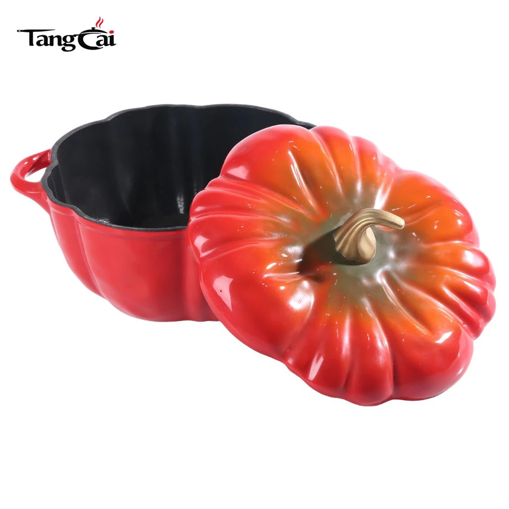 Holand&eacute;s de hierro fundido esmaltado con forma de calabaza roja degradada Horno con revestimiento interior negro mate