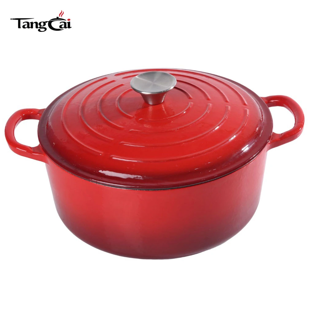 Horno holand&eacute;s redondo exclusivo de hierro fundido esmaltado rojo degradado estilo Le Creuset personalizado de 5.5 cuartos