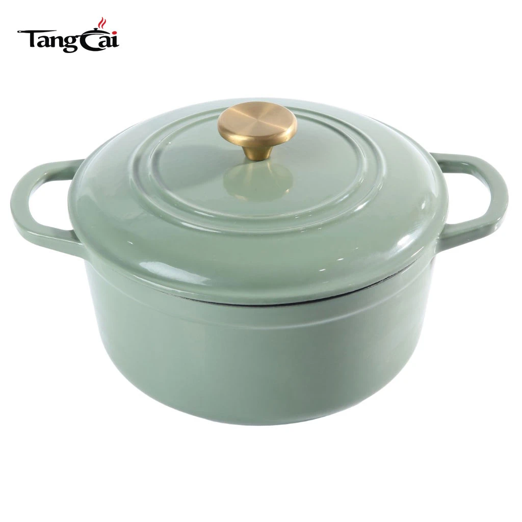 Hierro fundido esmaltado 5 cuartos moderno verde salvia Horno holand&eacute;s con perilla dorada para hornear pan con masa madre