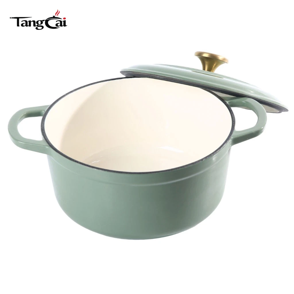 Hierro fundido esmaltado 5 cuartos moderno verde salvia Horno holand&eacute;s con perilla dorada para hornear pan con masa madre