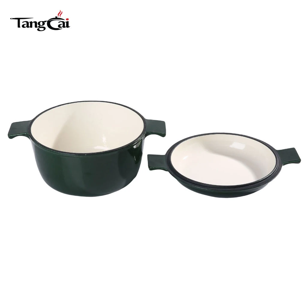 Verde oscuro Olla combinada de hierro fundido esmaltado, horno holand&eacute;s de doble uso con tapa reversible