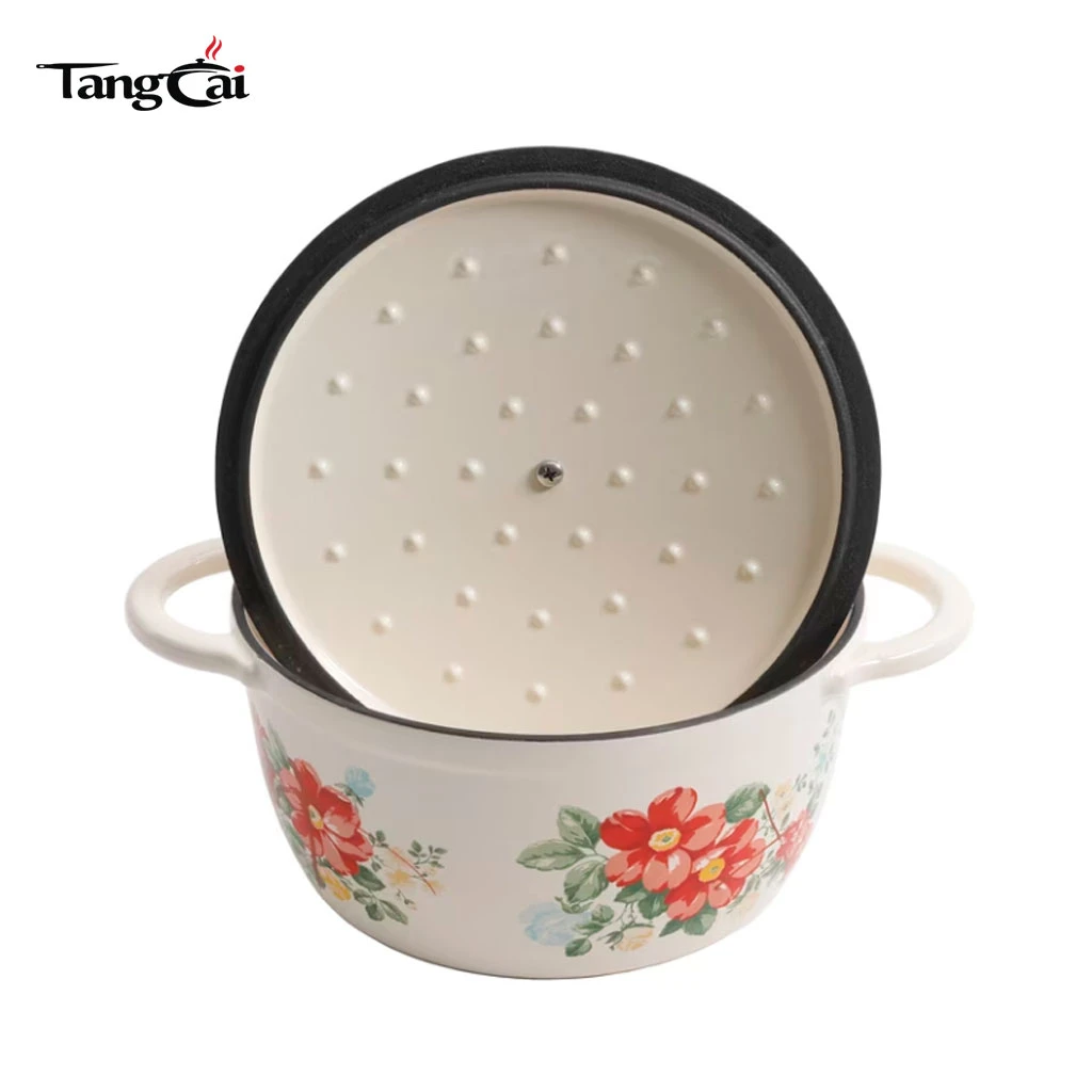 Horno holand&eacute;s vintage de hierro fundido esmaltado con flores rojas con tapa, cazuela apta para inducci&oacute;n para estofar, guisar y hornear masa madre