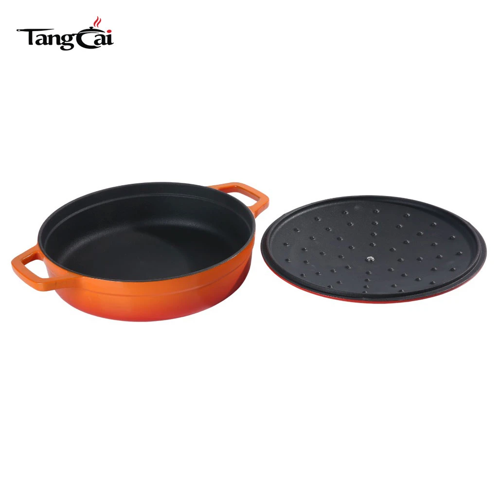 Hierro fundido esmaltado de 5 cuartos moderno Sart&eacute;n para estofado, olla holandesa poco profunda con tapa, cacerola ancha para mariscos