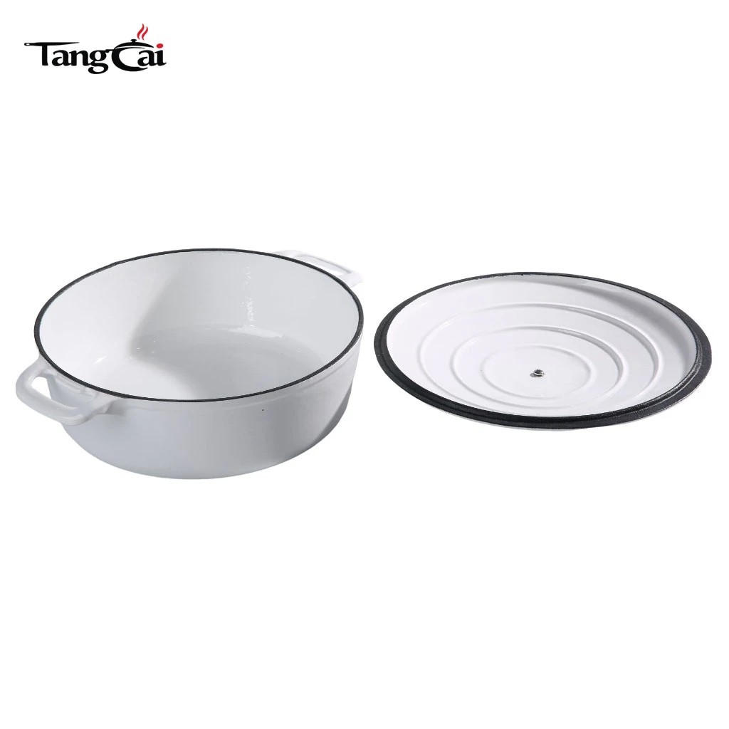 Fundido esmaltado en blanco brillante poco profundo Olla de hierro para cazuela multiusos para mariscos con tapa