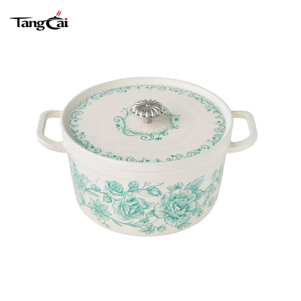 Utensilios de cocina de tendencia 2026 Olla antiadherente de hierro fundido esmaltado floral vintage de 5 cuartos con tapa para marcas y marcas privadas