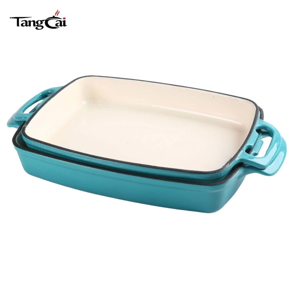 Sart&eacute;n para asar de hierro fundido esmaltado OEM, cacerola rectangular con asa hueca Mangos