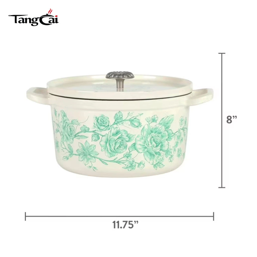Utensilios de cocina de tendencia 2026 Olla antiadherente de hierro fundido esmaltado floral vintage de 5 cuartos con tapa para marcas y marcas privadas