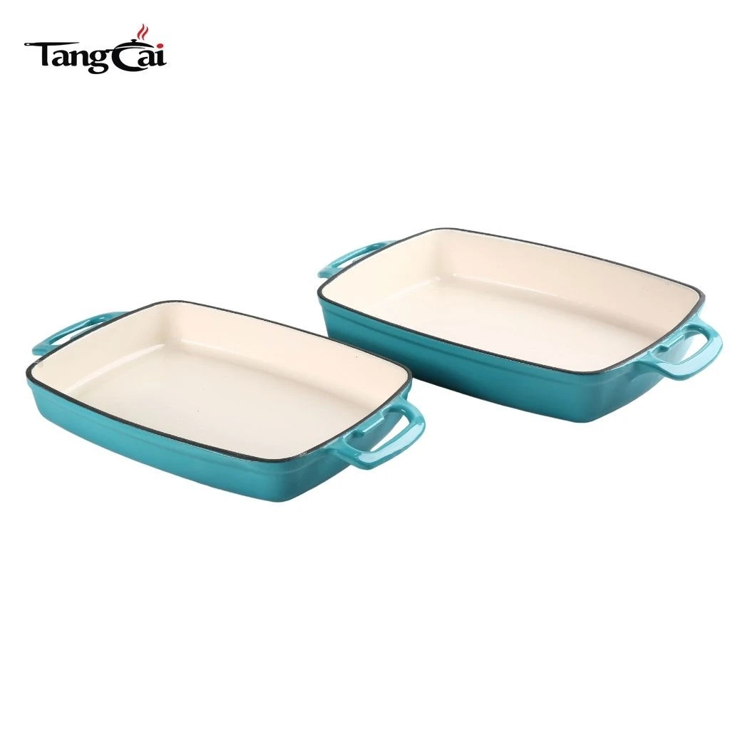 Sart&eacute;n para asar de hierro fundido esmaltado OEM, cacerola rectangular con asa hueca Mangos
