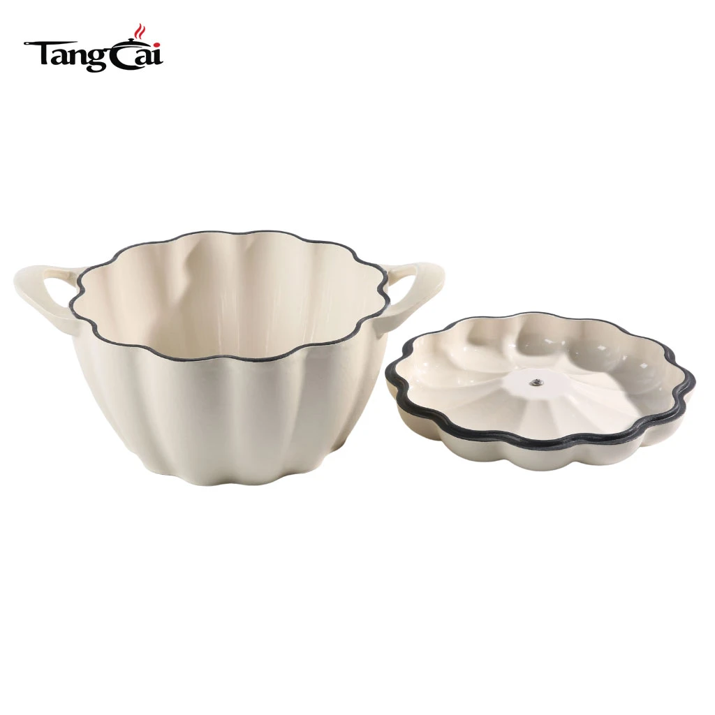 Holand&eacute;s de hierro fundido esmaltado en forma de calabaza de color blanco crema Horno, olla decorativa resistente