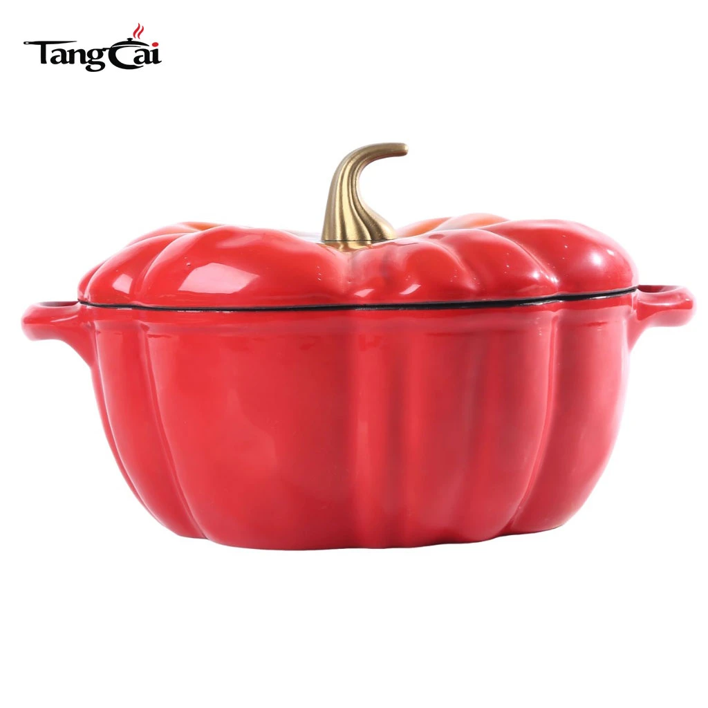 Holand&eacute;s de hierro fundido esmaltado con forma de calabaza roja degradada Horno con revestimiento interior negro mate