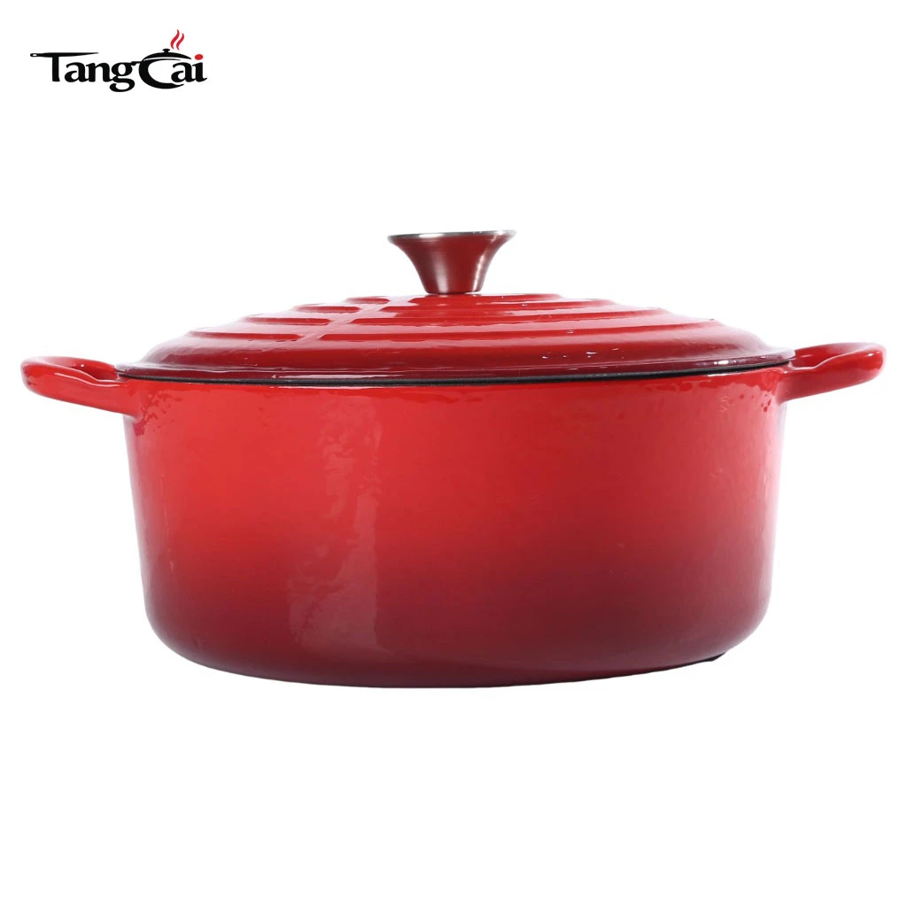 Horno holand&eacute;s redondo exclusivo de hierro fundido esmaltado rojo degradado estilo Le Creuset personalizado de 5.5 cuartos