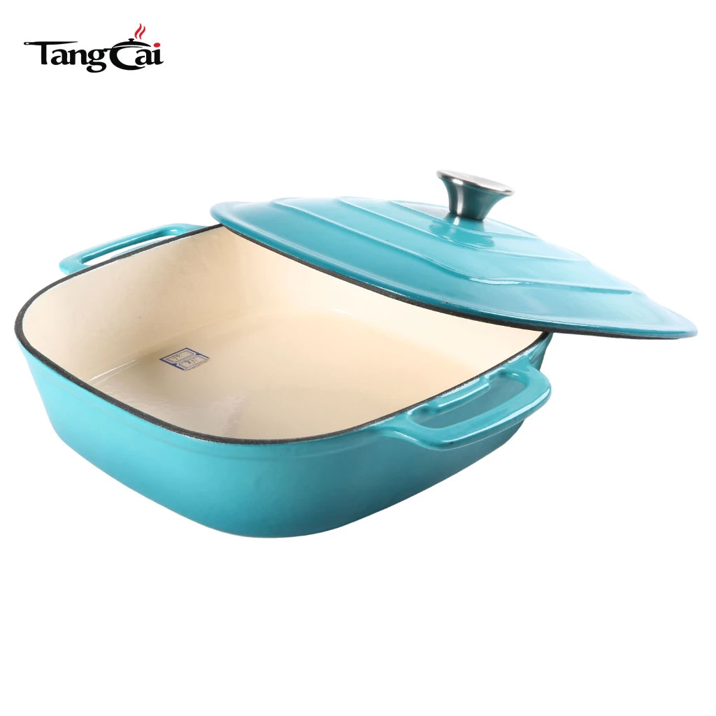 Fabricante de utensilios de cocina OEM, holand&eacute;s de hierro fundido esmaltado de forma cuadrada personalizado Horno con tapa para hornear, estofar, guisar y asar