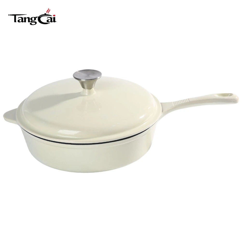 Cacerola OEM de hierro fundido esmaltado en blanco crema | Sart&eacute;n profunda grande multiusos