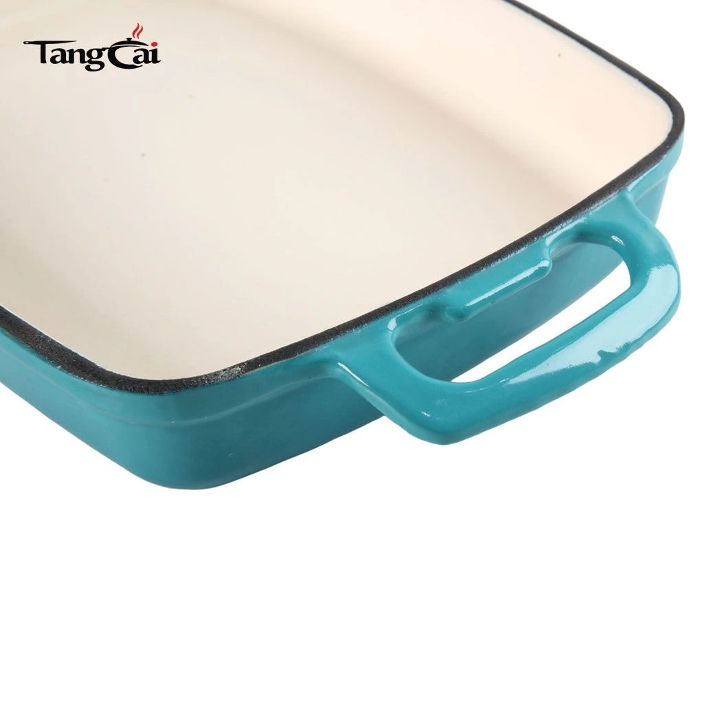 Sart&eacute;n para asar de hierro fundido esmaltado OEM, cacerola rectangular con asa hueca Mangos