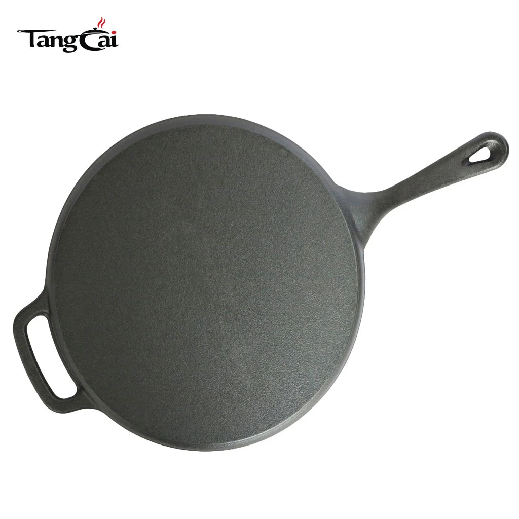 Pre-sazonado de 12 pulgadas Sart&eacute;n plana de hierro fundido, sart&eacute;n redonda para crepes y pizza con asas dobles, Tawa de hierro fundido para roti, tortillas y desayuno