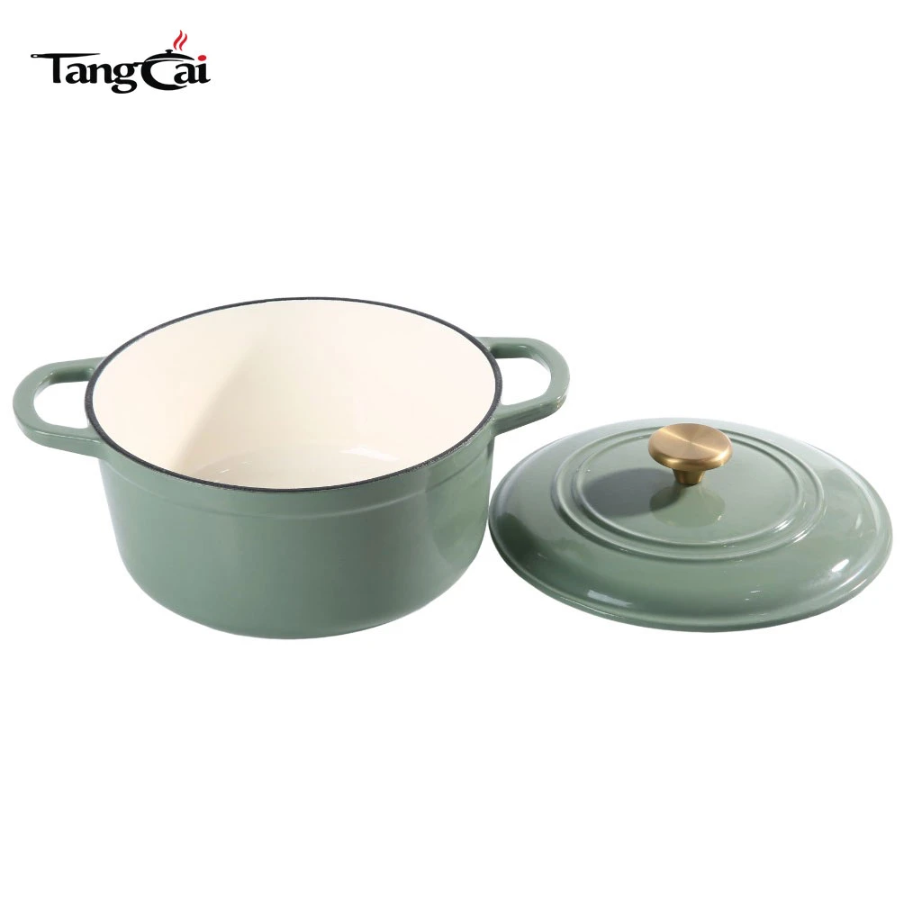Hierro fundido esmaltado 5 cuartos moderno verde salvia Horno holand&eacute;s con perilla dorada para hornear pan con masa madre