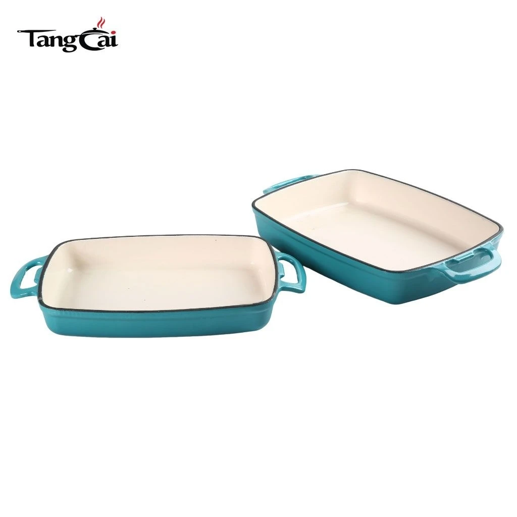 Sart&eacute;n para asar de hierro fundido esmaltado OEM, cacerola rectangular con asa hueca Mangos