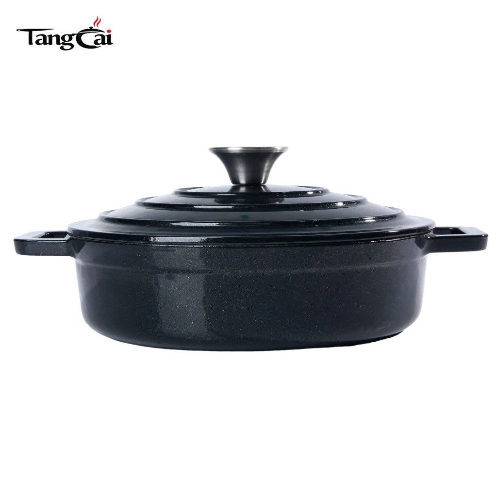 Horno holand&eacute;s peque&ntilde;o de hierro fundido esmaltado poco profundo en negro mate, mini mariscos Cacerola con tapa