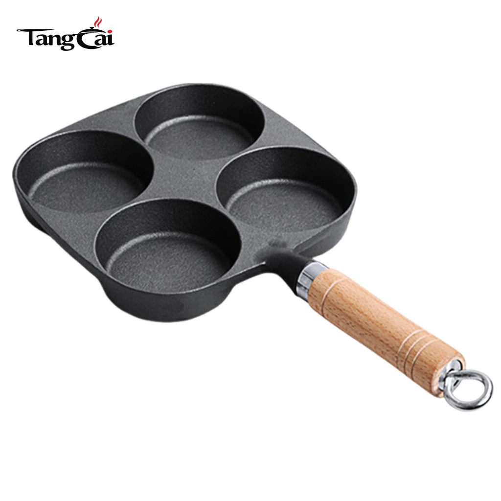 Mart&eacute;n para panqueques de hierro fundido presazonado para 4 tazas con mango de madera, plancha antiadherente con orificios m&uacute;ltiples para mini panqueques, huevos y desayuno