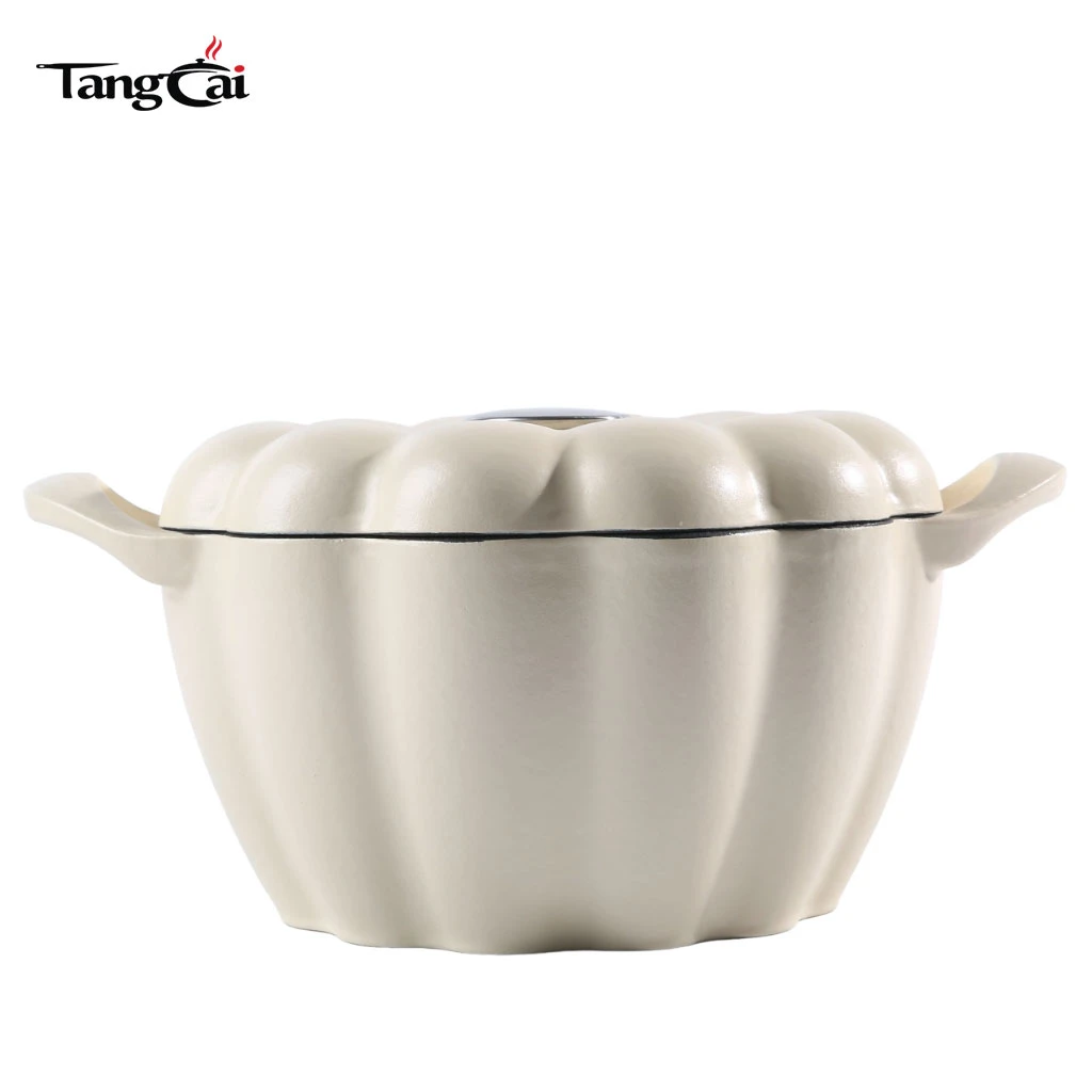 Holand&eacute;s de hierro fundido esmaltado en forma de calabaza de color blanco crema Horno, olla decorativa resistente