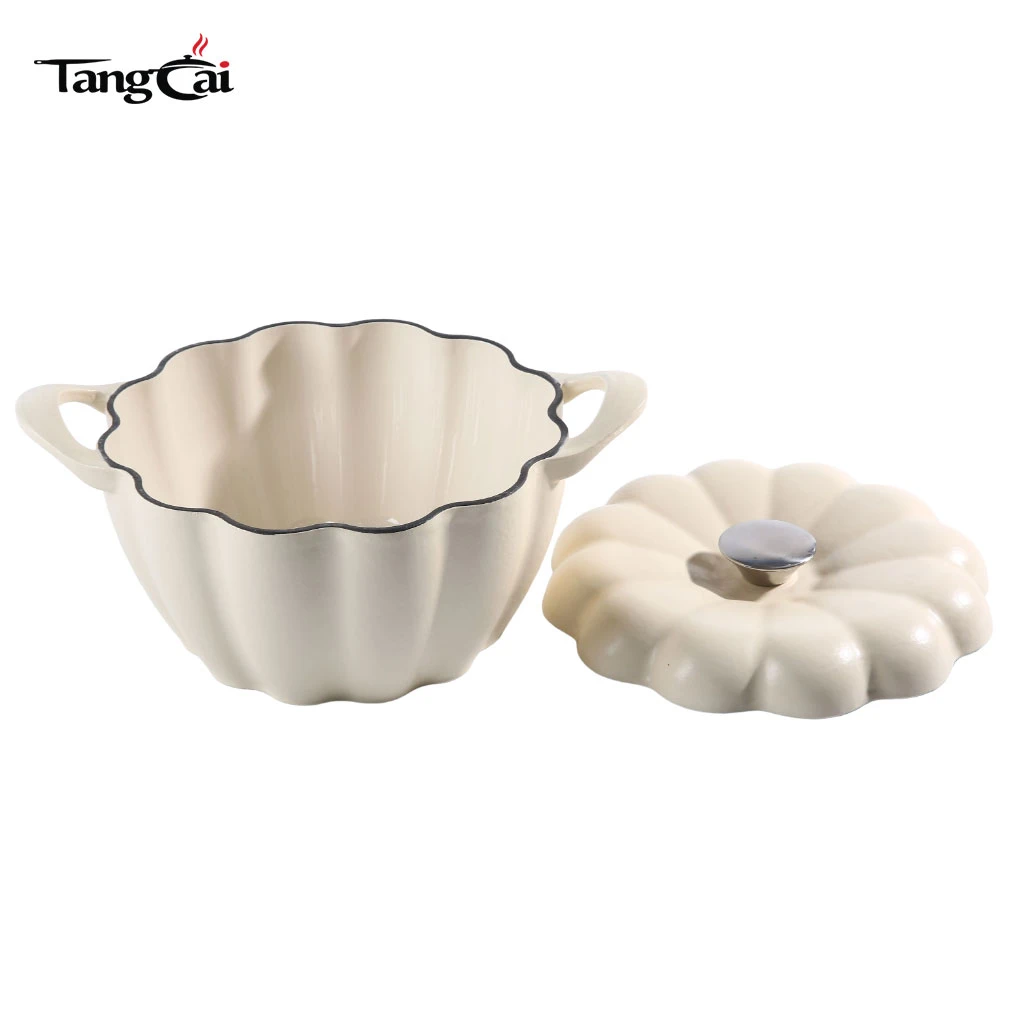 Holand&eacute;s de hierro fundido esmaltado en forma de calabaza de color blanco crema Horno, olla decorativa resistente