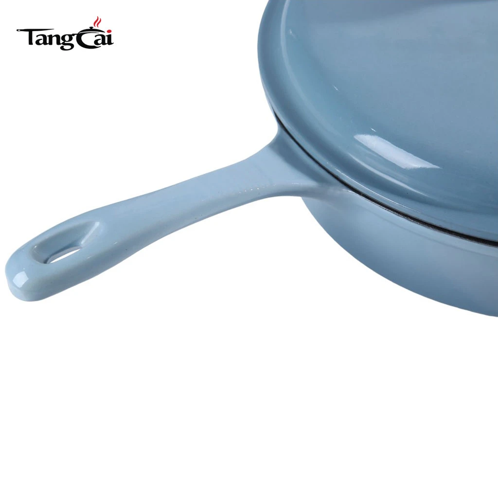 Olla grande personalizada de hierro fundido esmaltado en azul cielo de 5,5 cuartos de gal&oacute;n, cacerola profunda multiuso, sart&eacute;n con mango largo
