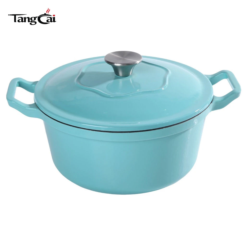 Redonda cl&aacute;sica de 5 cuartos Horno holand&eacute;s de hierro fundido esmaltado: cazuela azul Tiffany para sopa para hornear pan de masa fermentada