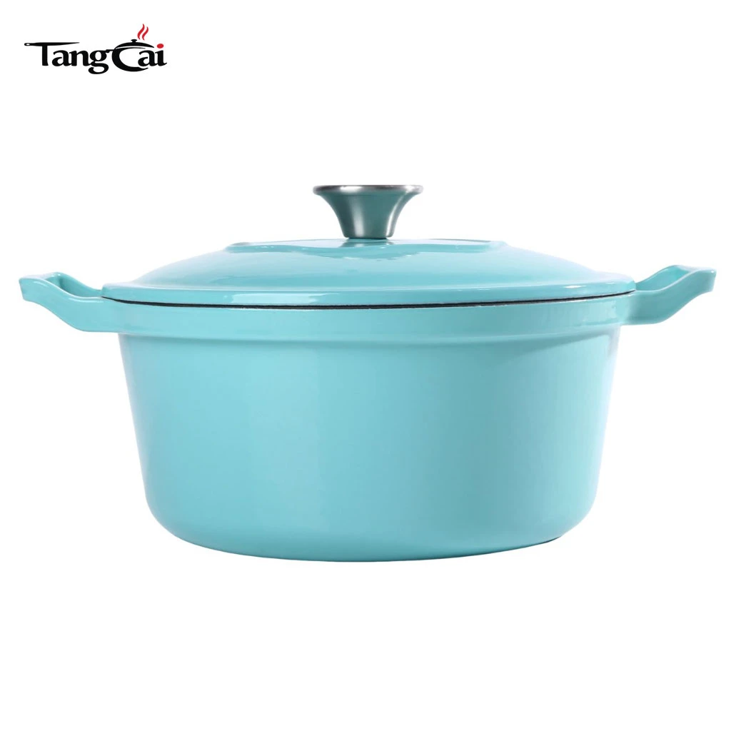 Redonda cl&aacute;sica de 5 cuartos Horno holand&eacute;s de hierro fundido esmaltado: cazuela azul Tiffany para sopa para hornear pan de masa fermentada